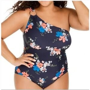 Michael Kors Womens Navy Floral One Shoulder Swimsuit 18W Plus Nautical Resort